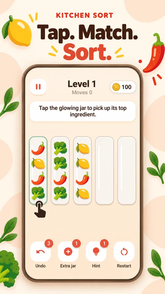 Kitchen Sort gameplay with five jars, colorful ingredients, and Undo, Extra jar, Hint, and Restart controls.