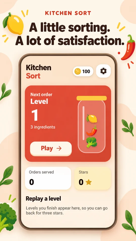 Kitchen Sort home screen with the next level, saved stars, and replay options.